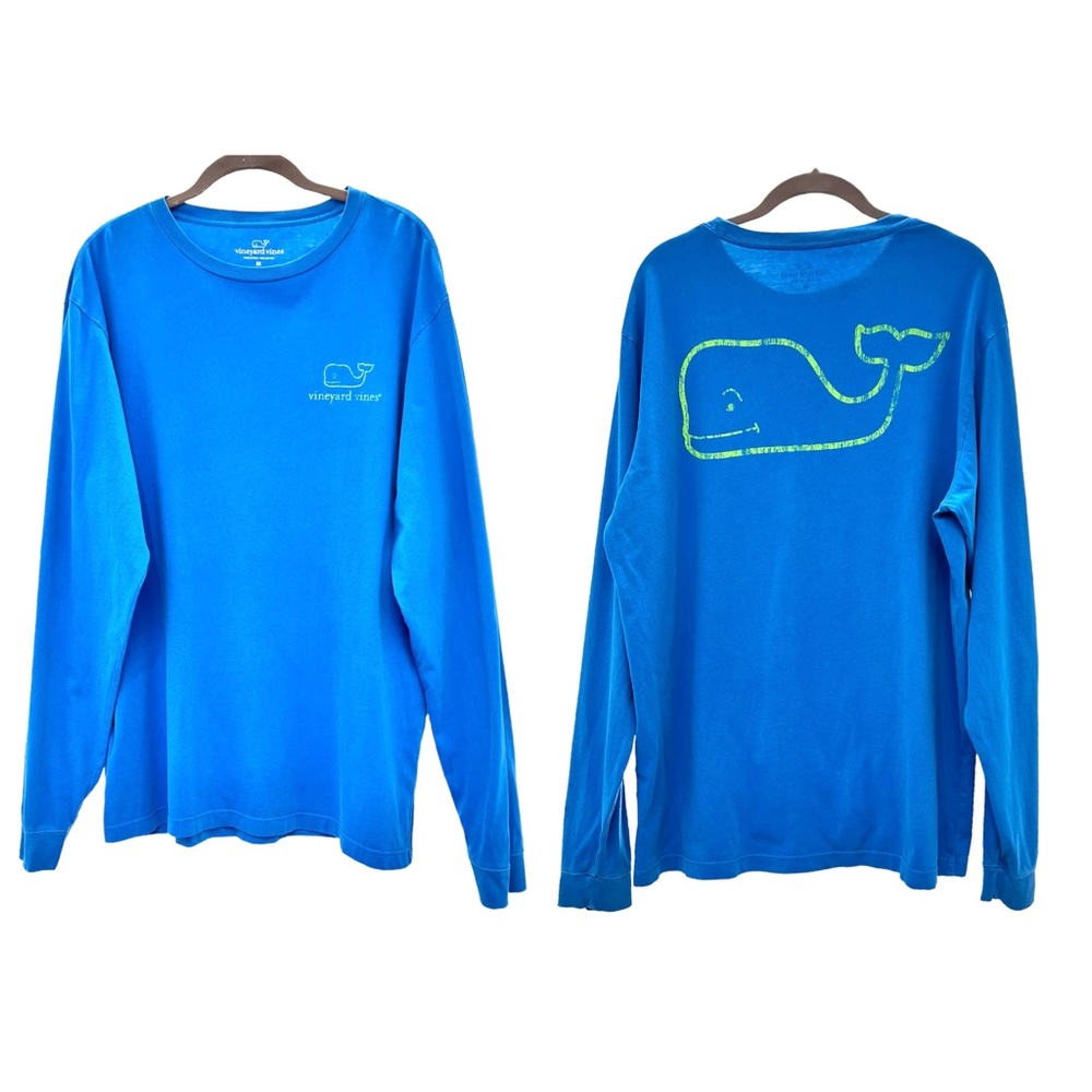 VINEYARD VINES BLUE LONG SLEEVE COTTON TEE W VINTAGE GRAPHIC GREEN WHALE